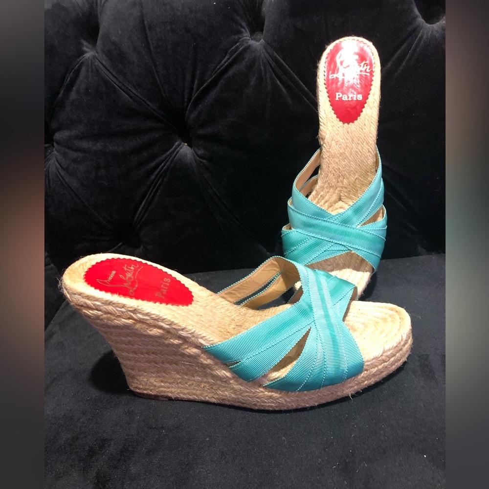 Christian Louboutin Seafoam Green Wedge Platform Espadrilles Sandals in Size 40